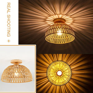Boho Rattan Ceiling Light Flush Mount Handwoven Pendant Lamp for Bedroom