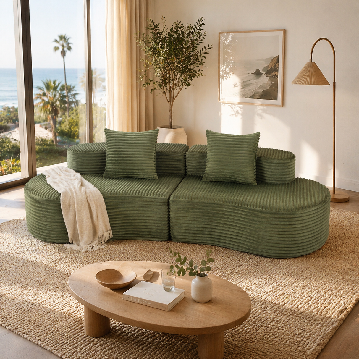 Cozy Corduroy 2-Seater Sofa with Lumbar Pillows