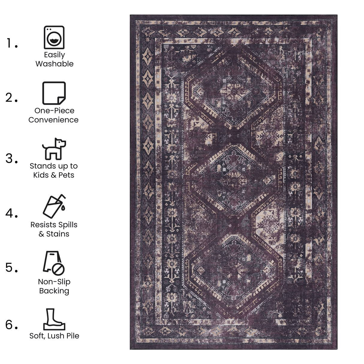 MAVAL Burgundy Washable Rug 8x10 Area Rug