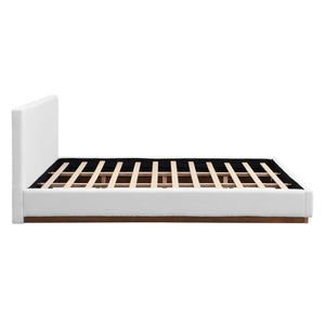 Elegant Boucle Upholstered Bed With Wood Grain Textured Solid Wood Base Frame