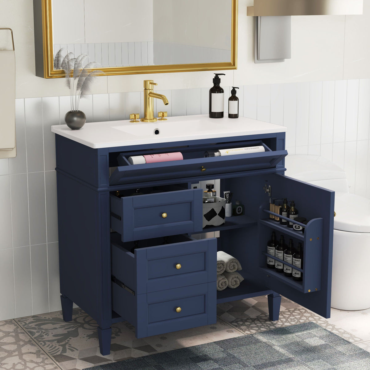 Bathroom Vanity With Top Sink, Modern Bathroom Storage Cabinet, 2 Drawers And A Tip-Out Drawer, Single Sink Bathroom Vanity - Blue
