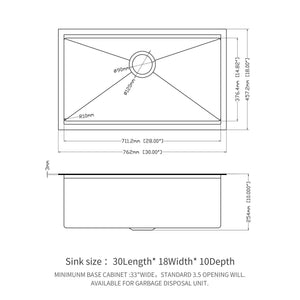 Workstation Kitchen Sink 30" x 18" x 10" Single Bowl Undermount - Gunmetal Black