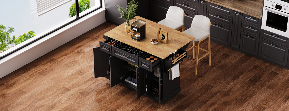 K&K 54 Inch Large Kitchen Island with Rubber Wood Drop Leaf