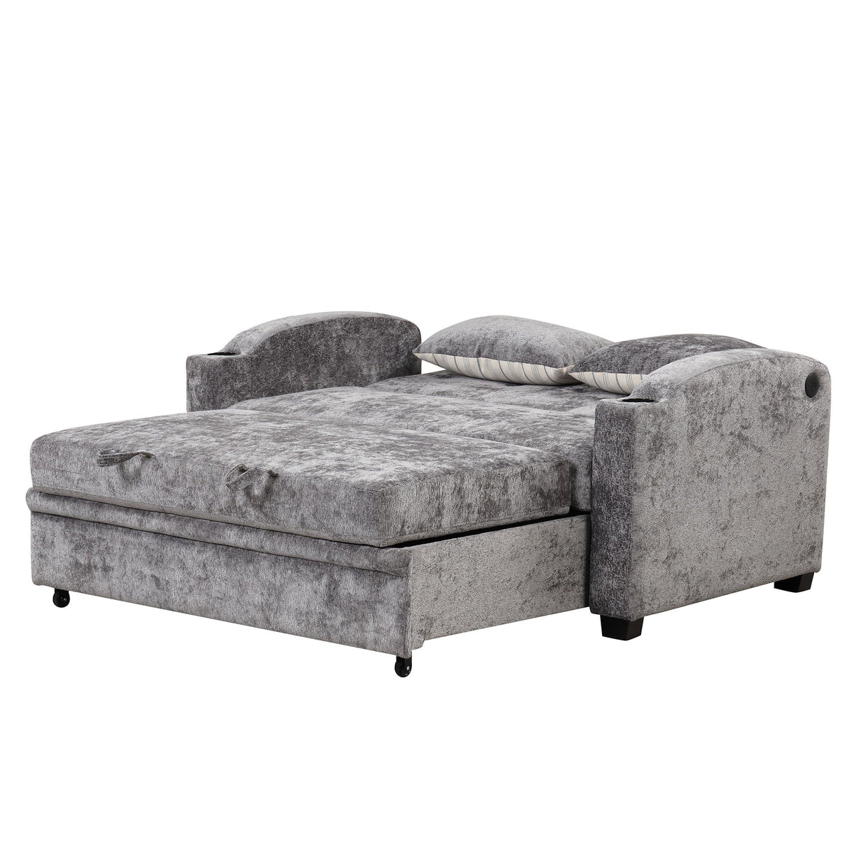 Pull Out Loveseat Sofa With Adjsutable Backrest, 2 Pillows, Cup Holders, USB Ports For Living Room