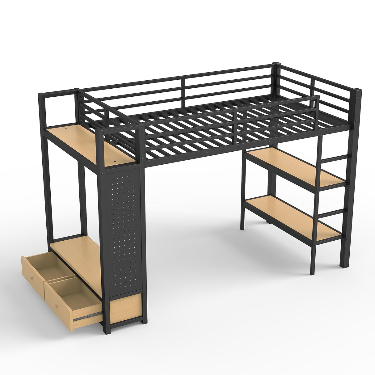 Twin XL Size Loft Bed Frame with Wardrobe and Shelves