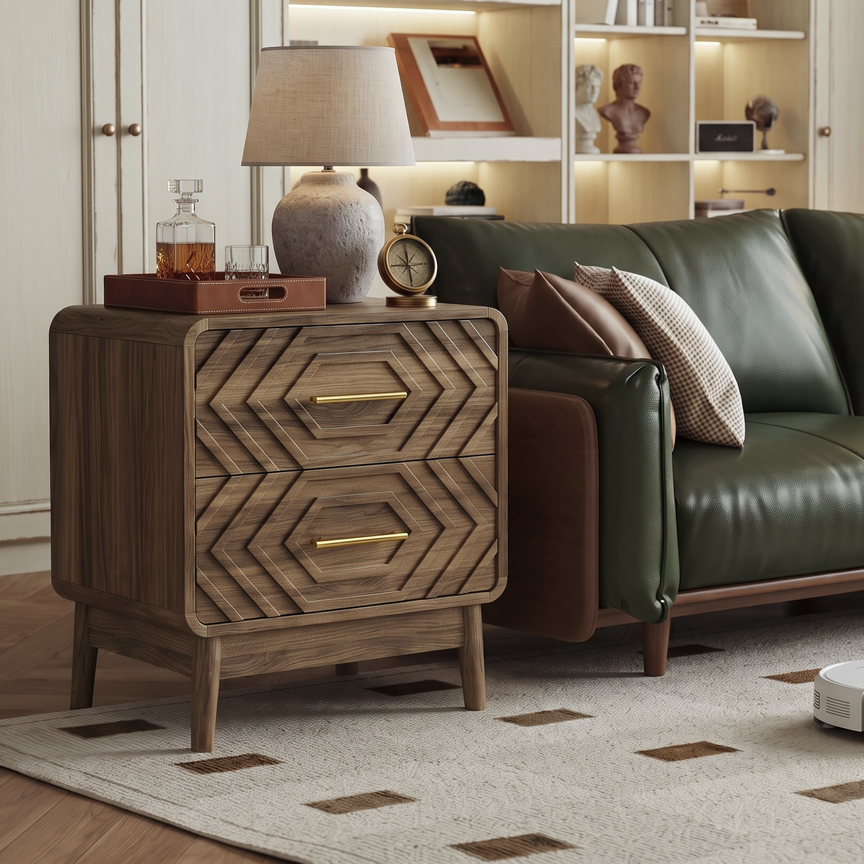 Walnut Wood Bedside Table with Double Drawers