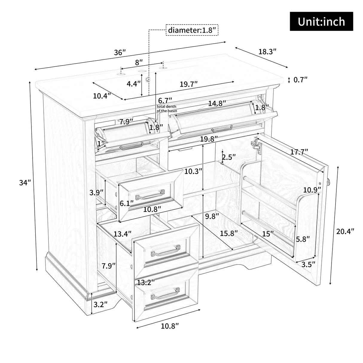36-Inch Bathroom Vanity with Ceramic Sink Top