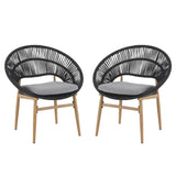 Cyril Outdoor Wicker Papasan Style Dining Chair with Teak Finished Leg and Dark Gray Faux Rattan, Gray Cushion, Set of 2