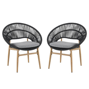 Cyril Outdoor Wicker Papasan Style Dining Chair with Teak Finished Leg and Dark Gray Faux Rattan - Set of 2