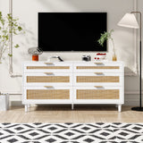 White Rattan Dresser with 6 Drawers, Metal Handles & Wood Legs