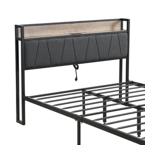 Modern Bed Frame With LED Lights, Upholstered Headboard, USB Charging