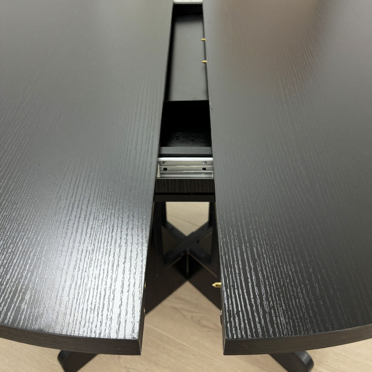 Dining Table For Farmhouse Kitchen Expandable Oval Table Top With Removable Leaf Trestle X Shaped Base - Black