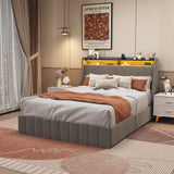 Full Size Bed Frame with LED, 4 Under-bed Portable Storage Drawers, Light Grey