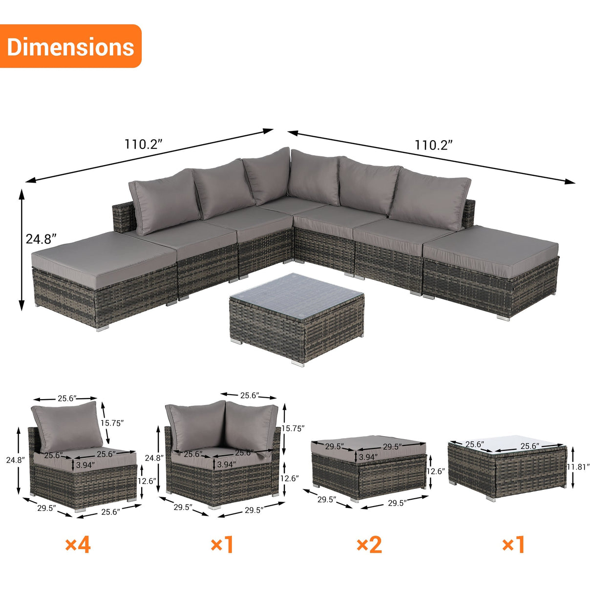 8 Pieces Outdoor Patio Sectional Sofa Couch,Wicker Furniture Conversation Sets with Washable Cushions & Glass Coffee Table for Garden, Poolside, Backyard