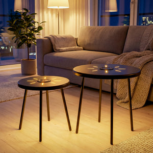 2-Pack Solar Powered Side Table with LED Light, Outdoor/Indoor Nesting Round End Table Set
