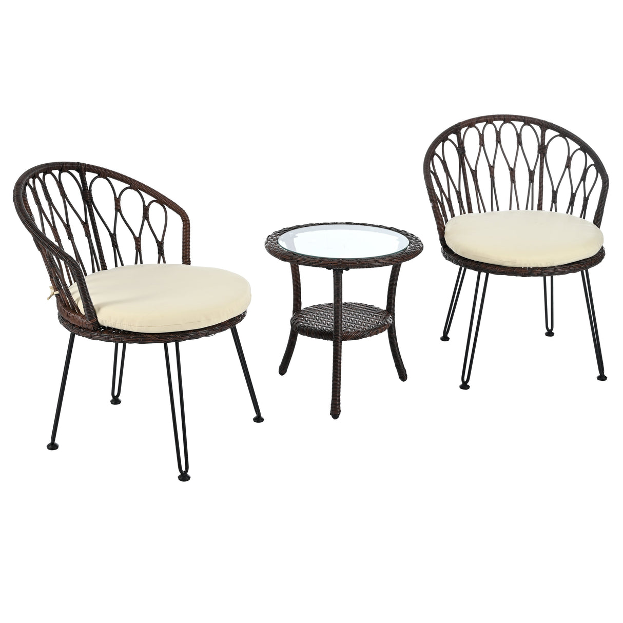 U_STYLE Outdoor Leisure Set, 2 Rattan Single Chairs with Glass Round Table