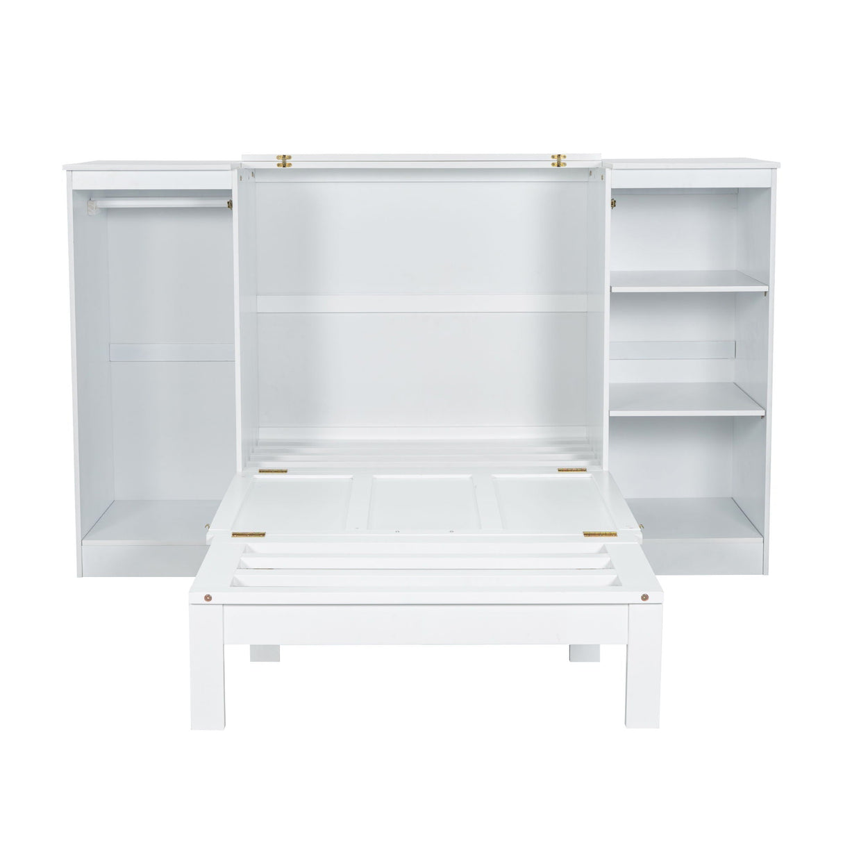 Twin Size Murphy Bed With Bedside Shelves And Wardrobe - White