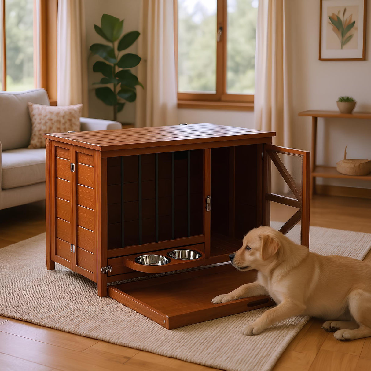 33" Solid Wood Dog Crate Furniture Foldable Indoor Kennel
