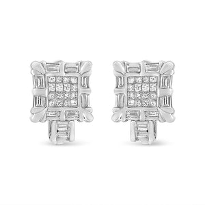14K White Gold 1.0 Cttw Princess and Baguette-Cut Diamond Square Framed Huggie Hoop Omega Earrings (H-I Color, SI1-SI2 Clarity)