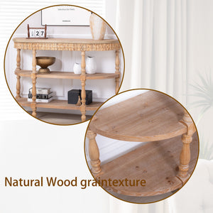 Handcrafted Wood Console Table with Hand-Woven Trim, 3-Tier Storage Shelves, Oval Entryway Table with Carved Legs, Rustic Coastal Farmhouse Accent Table, 49' Hallway Sofa Table
