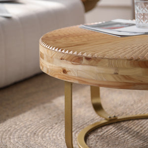 Modern Round Coffee Table with Wooden Carving Pattern and Metal Legs in Golden Natural Finish, Pine and MDF Construction