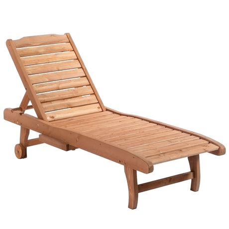 Outsunny outdoor chaise lounge pool chair, built-in table, reclining backrest for sun tanning/sunbathing, rolling wheels, red wood look