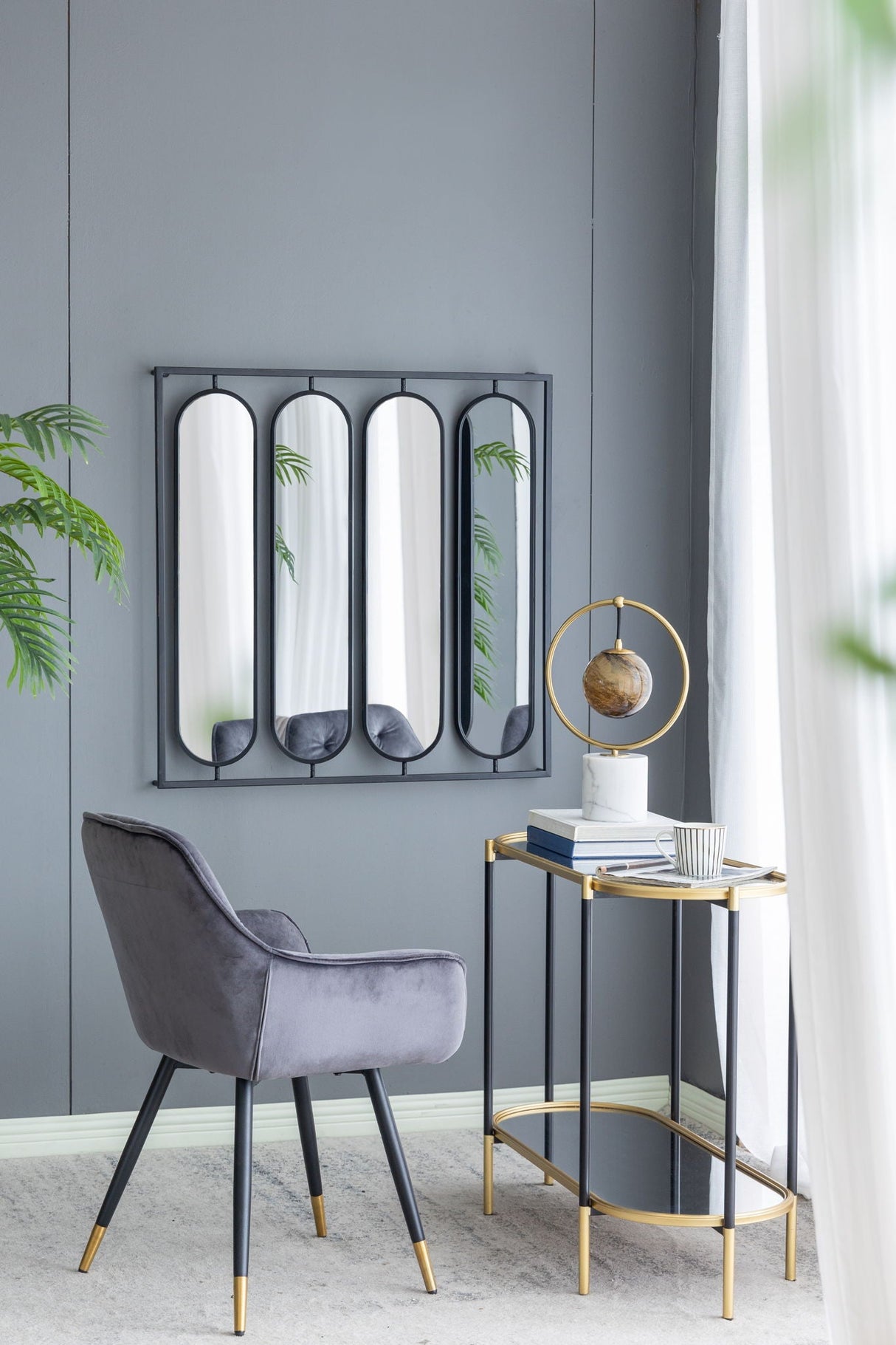 Large 4 Oval Wall Mirror With Square Frame, Home Decor For Living Room, Bedroom, Entryway, Office - Black
