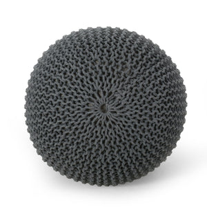 Knitted Cotton Round Pouf Ottoman with Soft Textured Cover - Dark Gray, Yellow, Blue