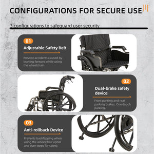Heavy Duty Foldable Manual Wheelchair Double X Force Support With Adjustable Seat Belt Breathable Cushion & Anti Backflip Design 24" Tires For All Terrains 350 Lbs Capacity - Black / Silver