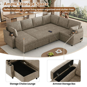 U-Shaped Sectional Sofa Bed With Storage, Charging Ports, And Cup Holders - Brown