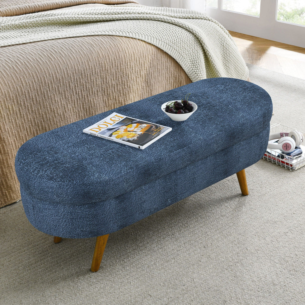 Modern Ottoman Oval Storage Bench with Rubber Wood Legs