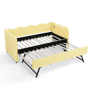 Cozy Gingham Daybed with Trundle Twin Size Sofa Bed No Box Spring Needed, with USB Port and Adorable Wave Shaped, Linen Fabric