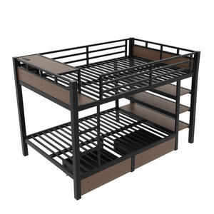 Full Size Metal Bunk Bed with Storage Shelves and USB Power Strip