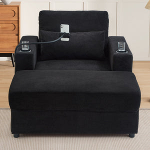 Modern Style Armchair Chaise Lounge Sofa Couch With Movable Storage Ottoman, USB Ports, Cup Holders, Phone Holder, Side Pockets