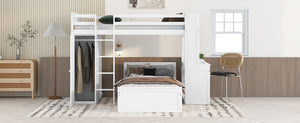 Loft Bed With A Stand Alone Bed, Shelves, Desk, And Wardrobe