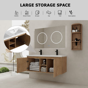 48" Wall Mounted Bathroom Vanity With Double Resin Sink And Storage Rack Soft Close Doors - Imitative Oak