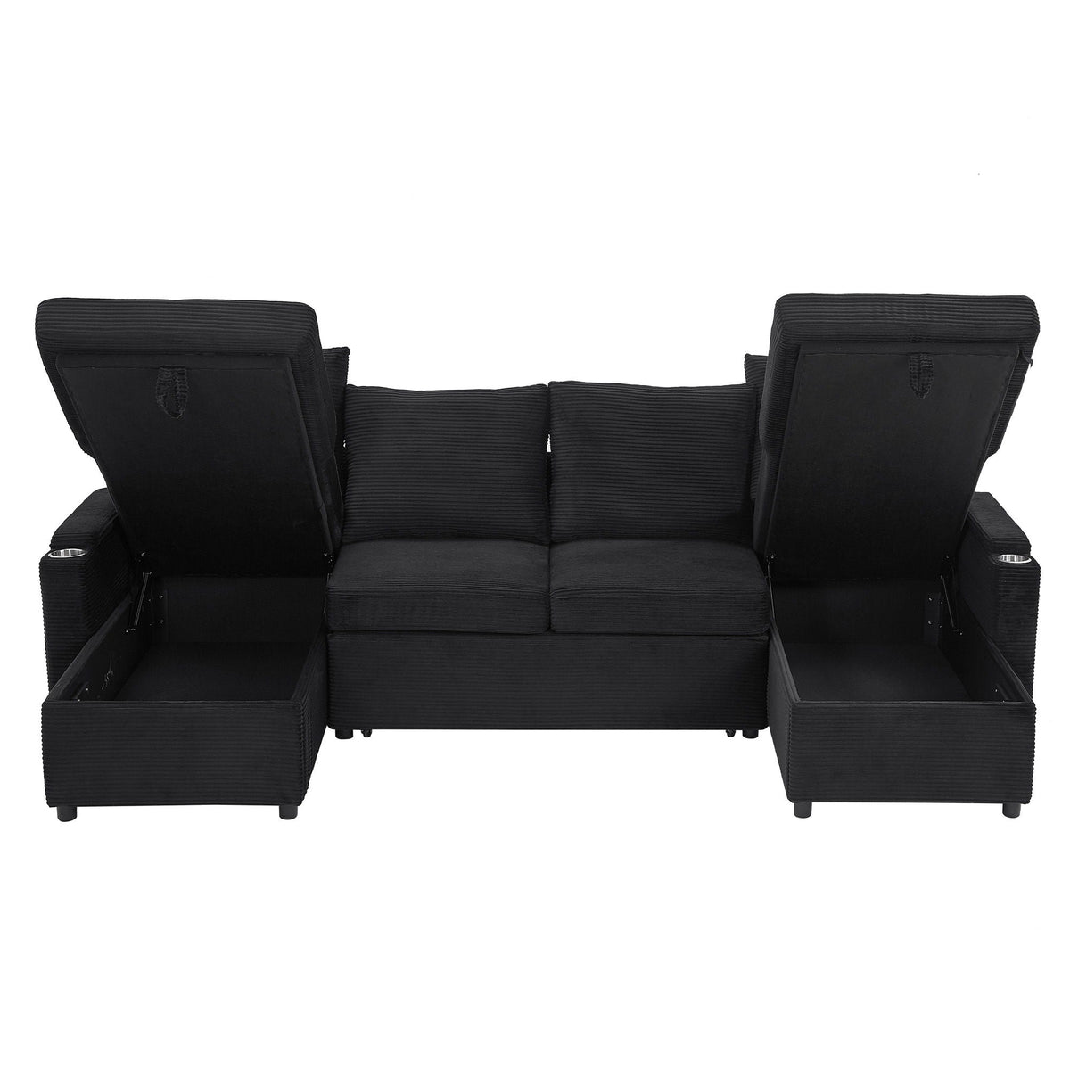 U Shaped Sectional Sofa Bed With Storage Chaise Lounges, USB Ports, And Cup Holders