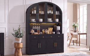 K&K 75.8" Tall Arched Kitchen Pantry Cabinet with LED & Charging Station