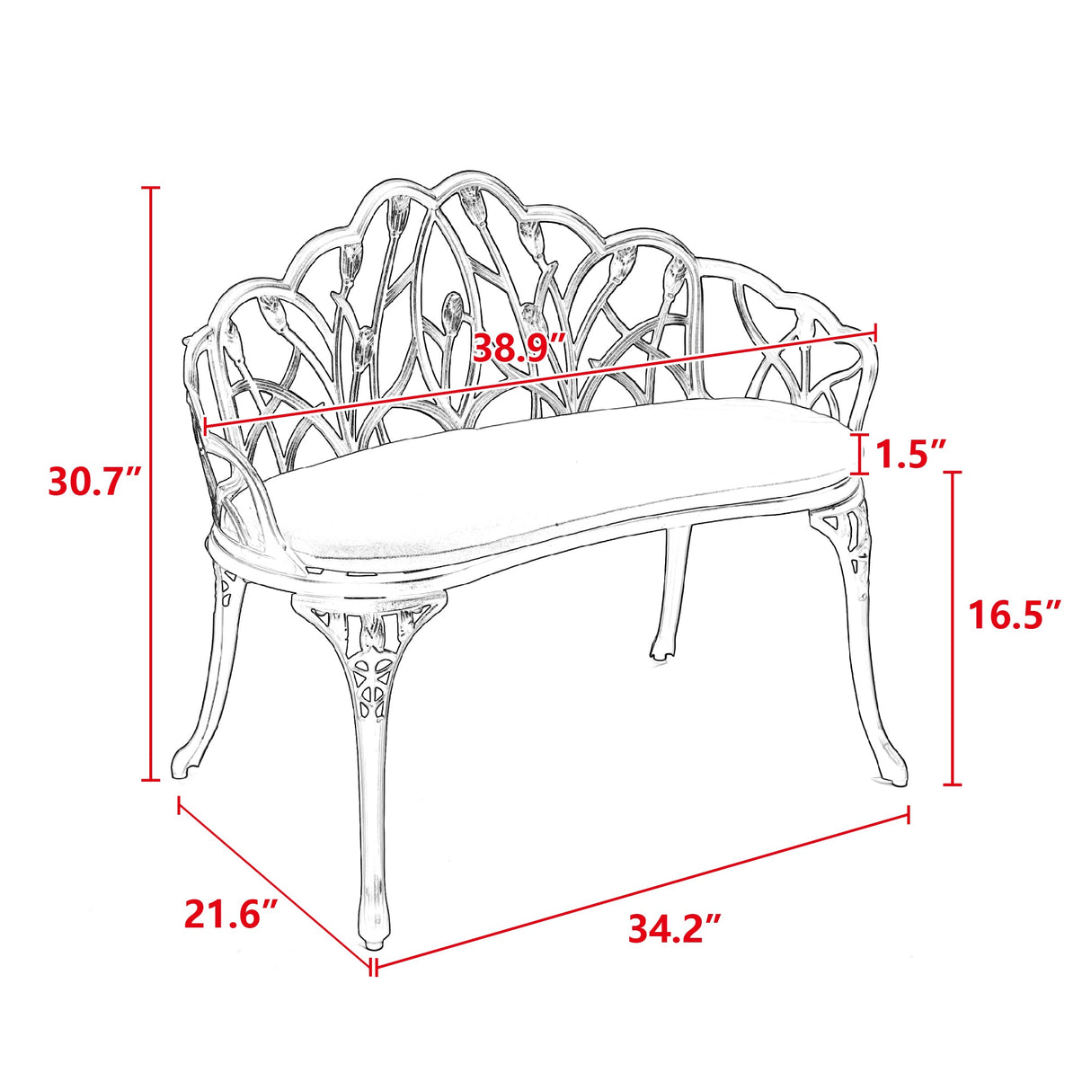 Tulip Patio Garden Bench Metal Park Bench Cast Aluminum Outdoor Furniture