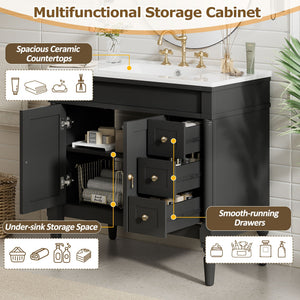 Bathroom Vanity With Ceramic Sink, 2 Doors 3 Drawers, Soft Close Design