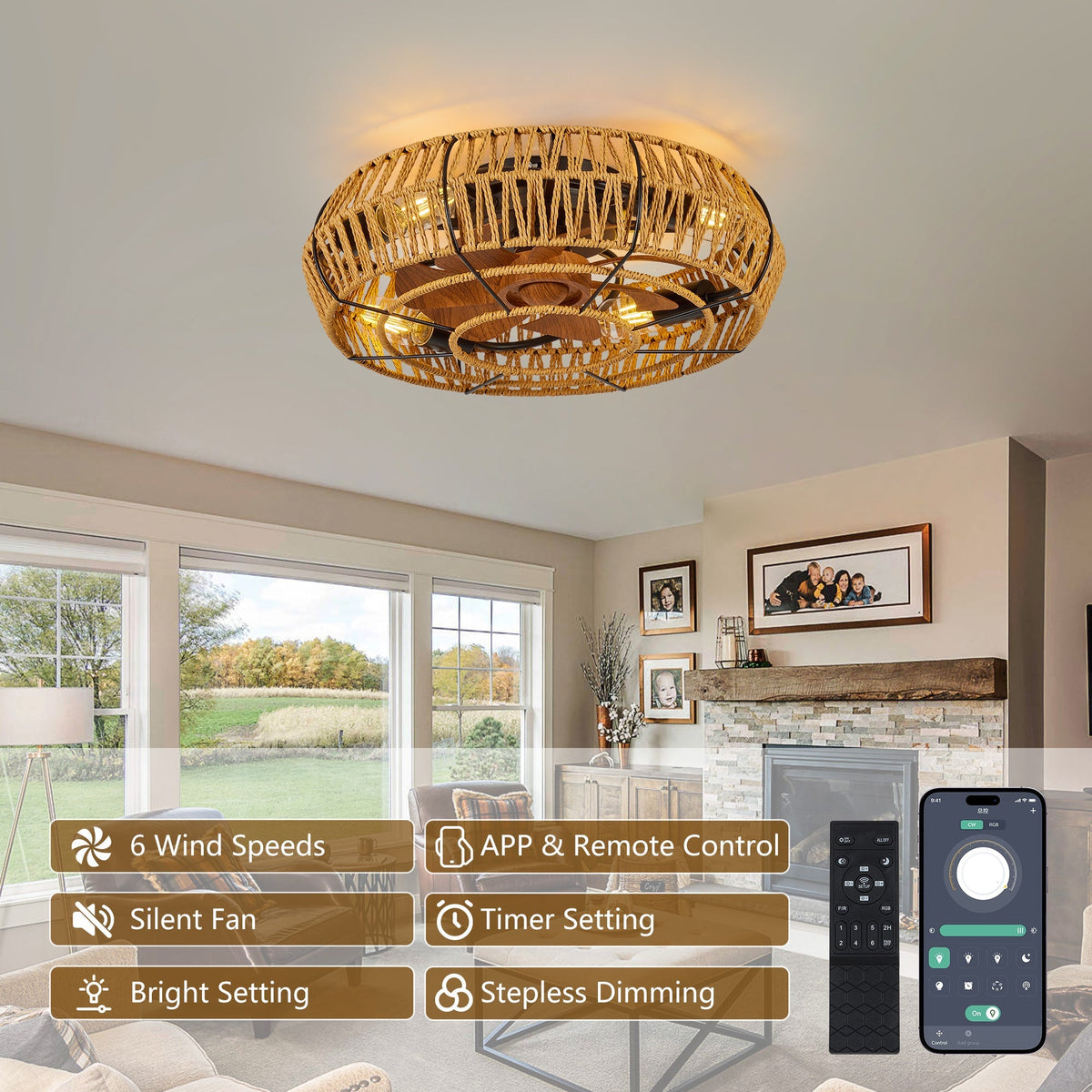 19" Caged Ceiling Fan with Light and Remote - Black