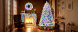 6FT Snow Flocked Christmas Tree, Pre-Lit Set with Tree & Garland & Wreath, Artificial Hinged Xmas Tree with Colorful LED Lights