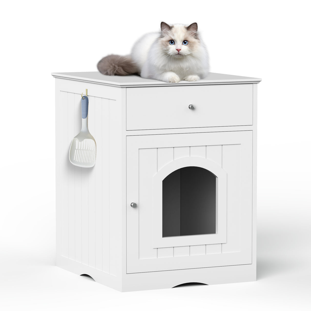 Wooden-Pet-House-Cat-Litter-Box-Enclosure-with-Drawer,-Side-Table,-Indoor-Pet-Crate,-Cat-Home-Nightstand-(White)-Pet-Supplies