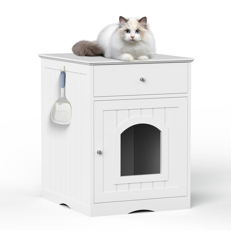 Wooden-Pet-House-Cat-Litter-Box-Enclosure-with-Drawer,-Side-Table,-Indoor-Pet-Crate,-Cat-Home-Nightstand-(White)-Pet-Supplies