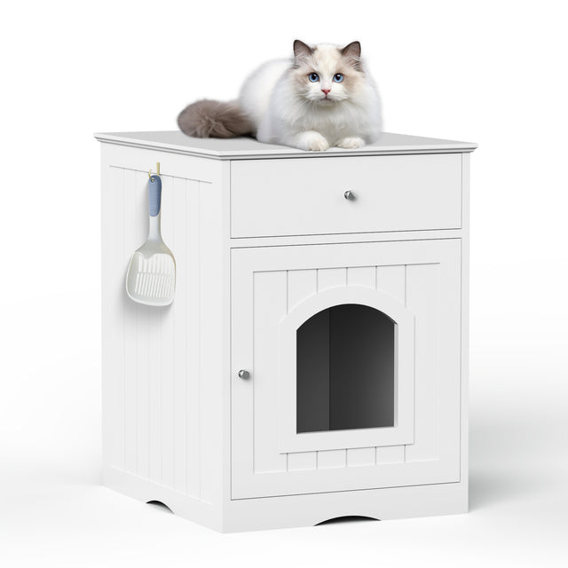 Wooden-Pet-House-Cat-Litter-Box-Enclosure-with-Drawer,-Side-Table,-Indoor-Pet-Crate,-Cat-Home-Nightstand-(White)-Pet-Supplies