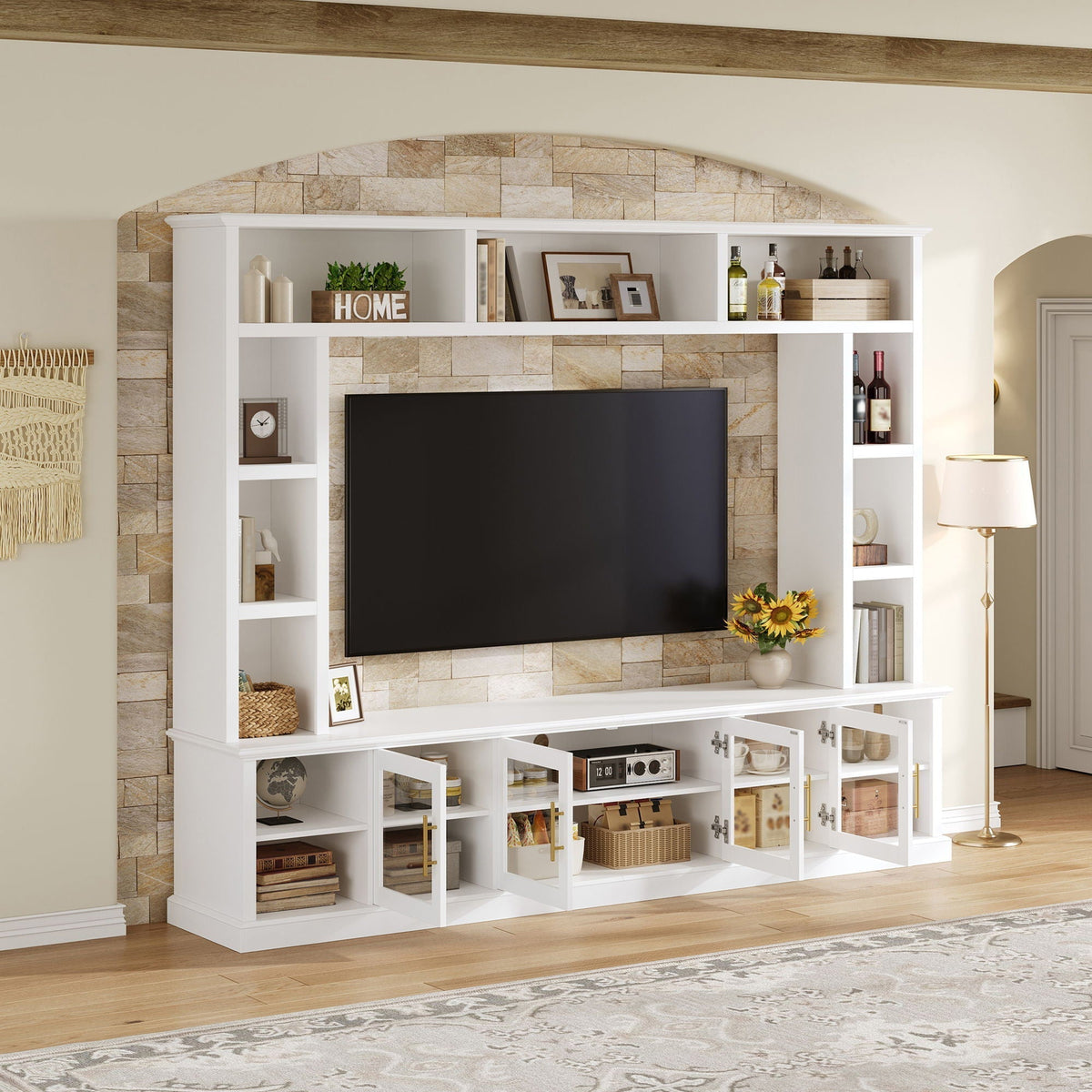 All-In-One Entertainment Center with Tempered Glass Doors - Black or White