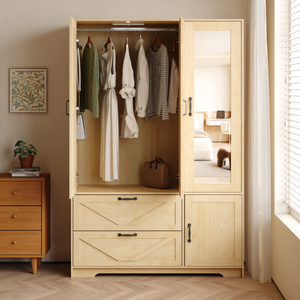 4 Doors Wardrobe Closet with Mirror, LED Lighting & Storage