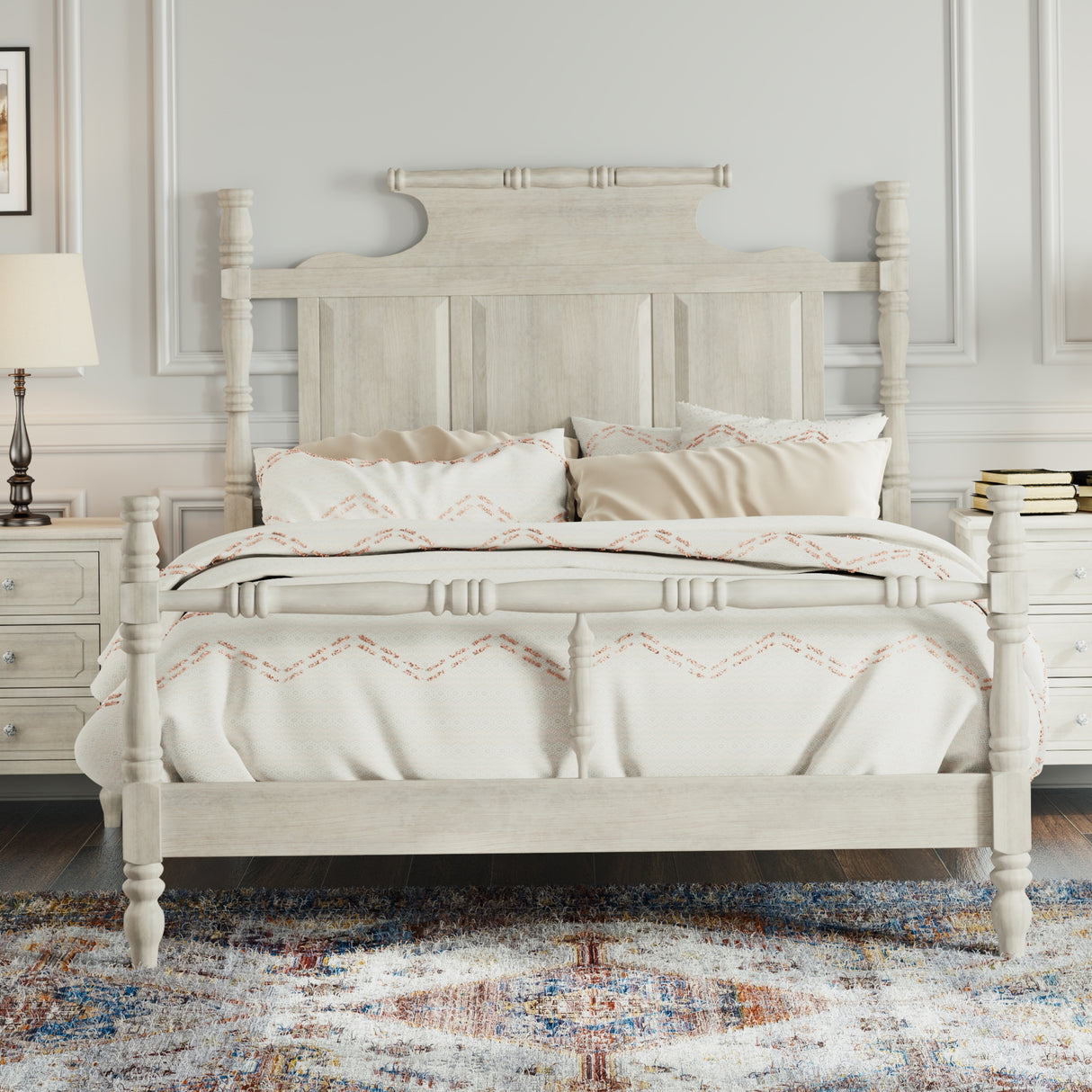 Vintage King Size Platform Bed with 56.9' High Crown-like Headboard,  Retro White