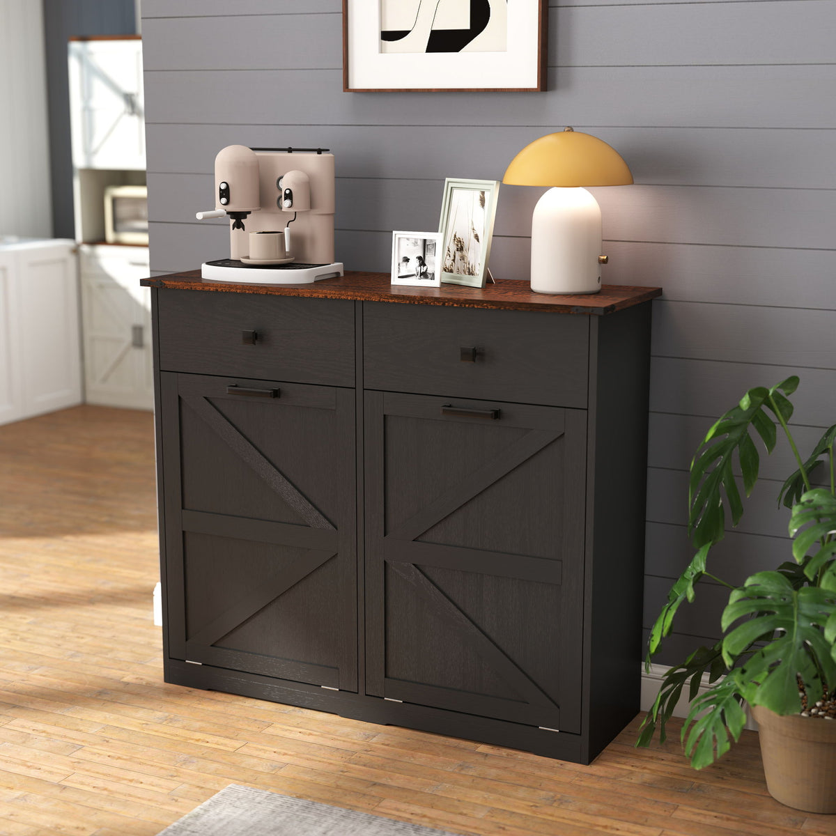 Double Tilt Out Trash Cabinet With Hideaway Drawer And Barn Door Style