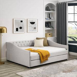 Upholstered Tufted Daybed With Drawers, Waved Arms